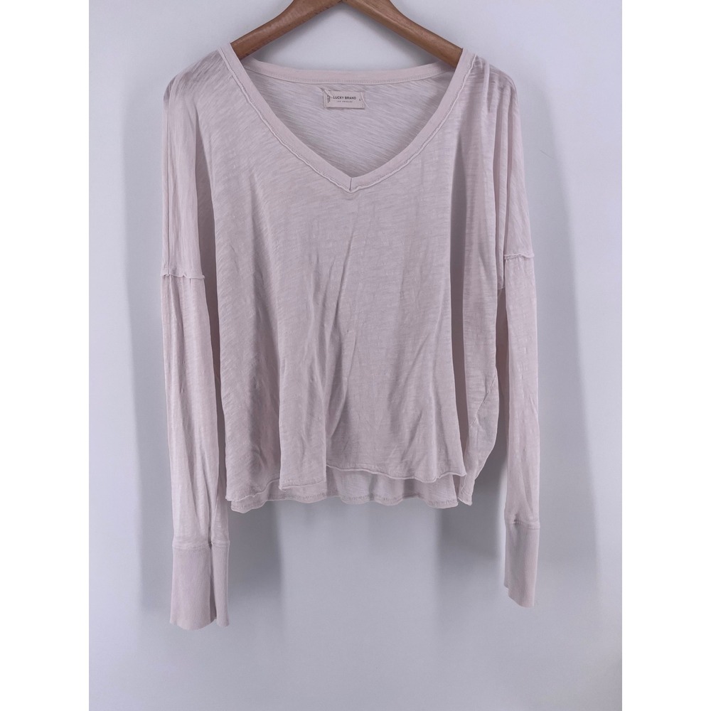 Lucky Brand Womens Cream Knit Long Sleeve V-Neck Button Cuff Top L Chic Preppy